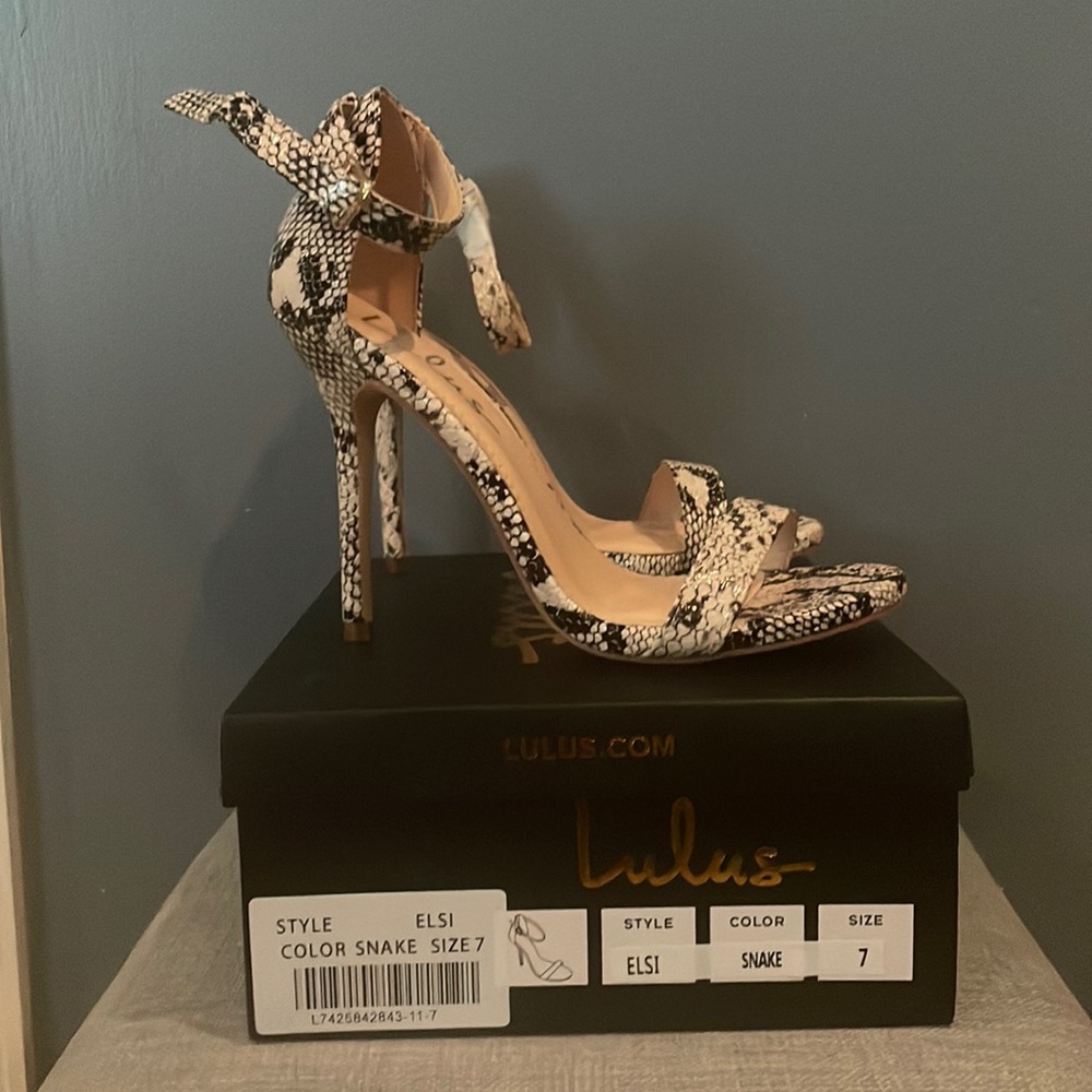 Lulu's Snake Print Ankle-Tie Stiletto Sandals - Black & Cream